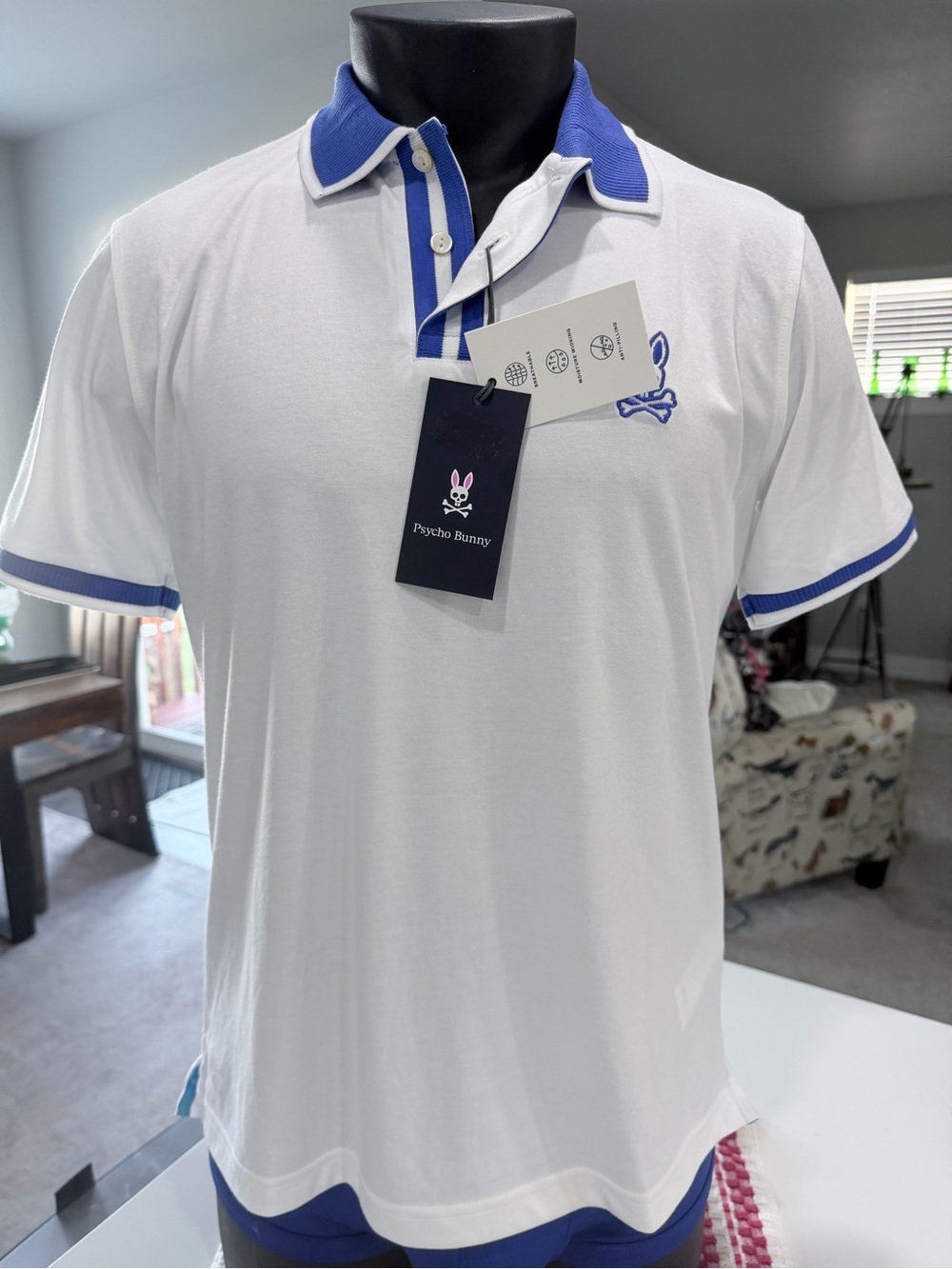 Psycho Bunny White Polo with Blue Trim and Collar